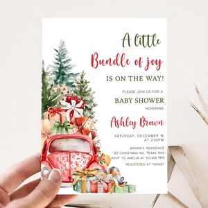 Editable A Little Bundle of Joy Baby Shower Invitation, Christmas Baby Shower Invite, Santa Baby Christmas Truck Baby Shower Invite, 0551 image 1