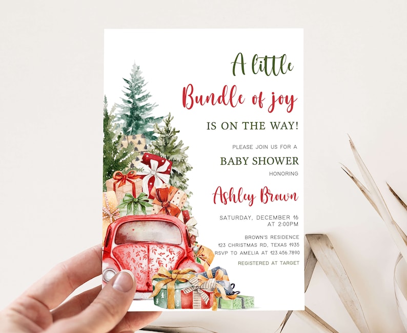 Editable A Little Bundle of Joy Baby Shower Invitation, Christmas Baby Shower Invite, Santa Baby Christmas Truck Baby Shower Invite, 0551 image 1