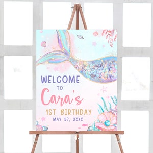 Editable Mermaid Birthday Welcome Sign, Under The Sea Birthday Welcome Poster, Splish Splash Birthday Bash, Gold Purple Mermaid Sign, 8BD