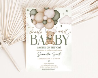 Editable Green Bear Balloon Baby Shower Invitation, We Can Bearly Wait ...