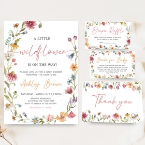 May include: A floral baby shower invitation with a watercolour wreath of flowers and the text "A Little Wildflower is on the way!"  The invitation includes the name "Ashley Brown", the date and time of the shower, and the location.  There are also three smaller cards with floral borders, one for a diaper raffle, one for books for baby, and one that says "Thank you".