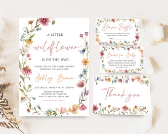 Editable Wildflower Baby Shower Invitation Bundle, Floral Boho Baby Shower Invitation Set, A Little Wildflower Baby Shower Invite, 0630