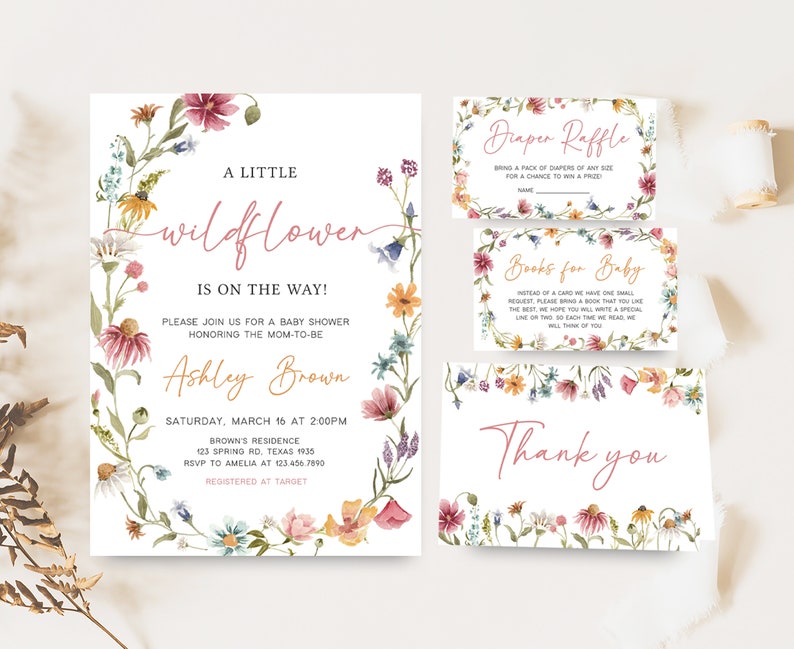 Editable Wildflower Baby Shower Invitation Bundle, Floral Boho Baby Shower Invitation Set, A Little Wildflower Baby Shower Invite, 0630 image 1