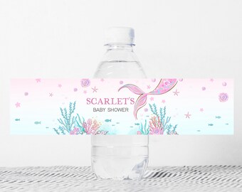Editable Mermaid Baby Shower Bottle Label Under the Sea Girl Baby Shower Water Wraps Pink Purple Mermaid Party Label Printable Template 0268