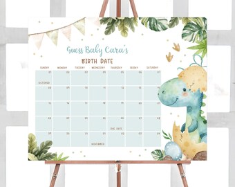 Editable Dinosaur Baby Shower Due Date Calendar, Rawr It's a Boy Dino Baby Shower Calendar, Hatching Soon Dino Birthday Predictions, 01087