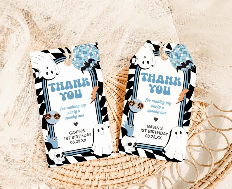 two thank you cards sitting on top of a wicker basket
