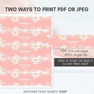 May include: Pink and white printable baby shower labels with a daisy pattern. The labels say "Caroline's Baby Shower". The text "PDF: 5 in one page JPEG: single file" and "Print at home or send it to any print shop" is also included. Matching items: Search "0230"