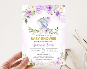 May include: Purple and white floral baby shower invitation with a cute gray elephant wearing a flower crown. The invitation includes the text "Please join us for a Baby Shower honoring the mom-to-be Samantha Smith. Saturday, May 27 at 3:00 PM. 2023. Smith's Residence 123 Peanut Rd, Texas 0921. RSVP to Amelia at 123.456.7890. Registered at Target."
