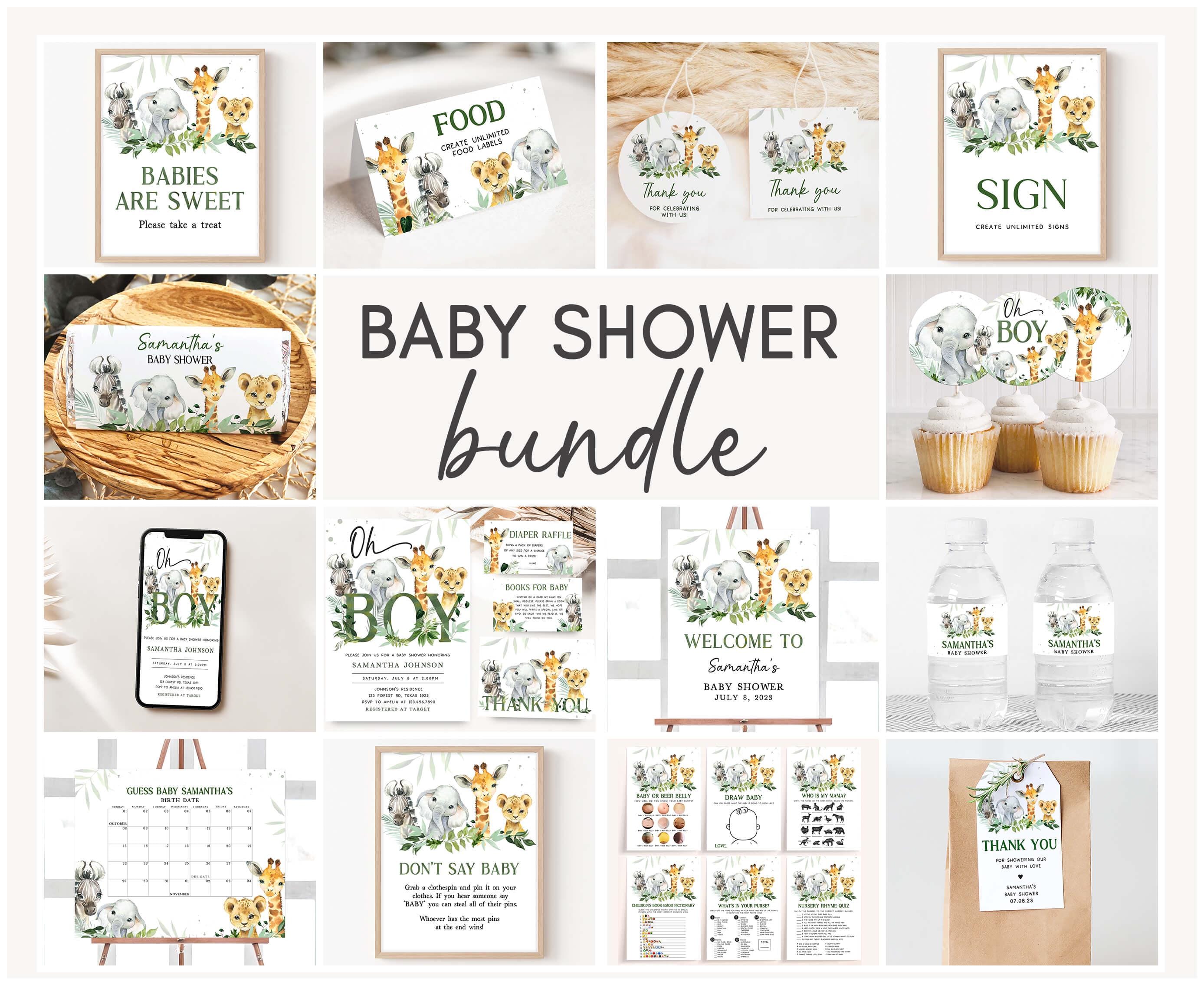 Editable Oh Boy Safari Baby Shower Bundle, Jungle Baby Shower Pack, Greenery Jungle Safari Animals Baby Shower Mega Bundle Template, 0391