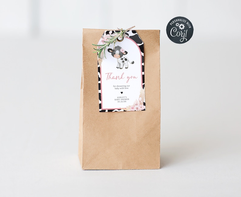 Editable Pink Cow Baby Shower Favor Tags, Girl Holy Cow Baby Shower Gift Tag, Boho Floral Highland Cow Farm Baby Shower Thank You Tags, 0662 image 1