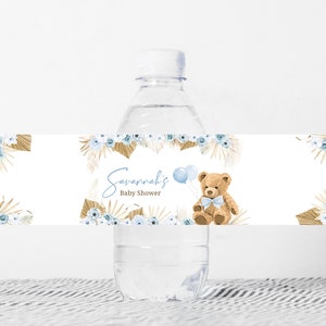 Étiquette modifiable de bouteille de douche de bébé d'ours de Boho de garçon nous pouvons supporter l'attente étiquette d'eau de douche de bébé autocollants bleus de bouteille d'herbe de pampa d'ours en peluche 0420