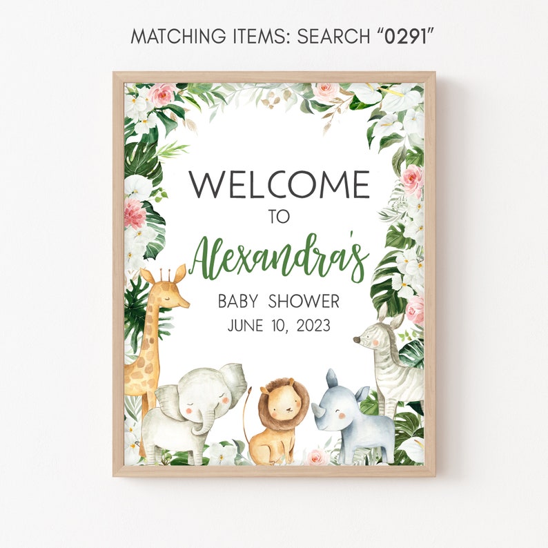 Editable Greenery Safari Baby Shower Welcome Sign, Floral Jungle Baby Shower Welcome Poster, Safari Animals Wild One Baby Shower Sign, 0291 image 2