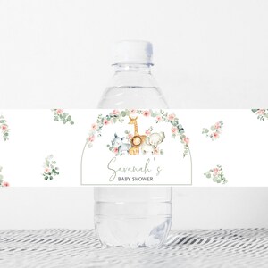 Edytowalna etykieta na butelkę Baby Shower dla dziewczynki Safari, różowe kwiatowe etykiety na wodę do kąpieli dla dziewczynki Safari Animals, naklejki na butelkę, 0307 zdjęcie 1