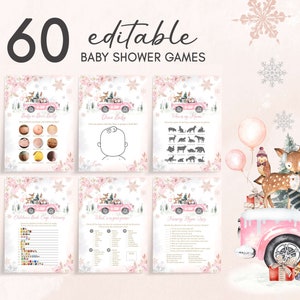 Bewerkbare roze winter bos baby shower games bundel, meisje bos winter baby shower game pack, roze baby het is koud buiten games, 0529 afbeelding 1