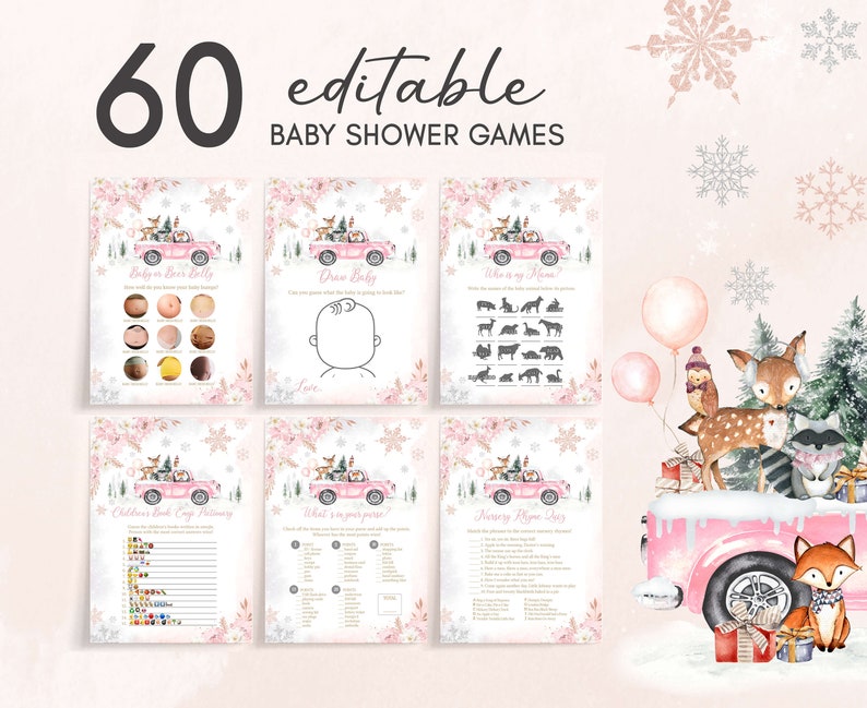 Bewerkbare roze winter bos baby shower games bundel, meisje bos winter baby shower game pack, roze baby het is koud buiten games, 0529 afbeelding 1