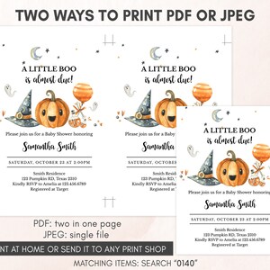 May include: Baby shower invitation with a pumpkin, witch hat, and ghost illustrations. The text reads "A Little Boo is almost due!" with the name Samantha Smith and event details. The invitation is available in PDF and JPEG formats.