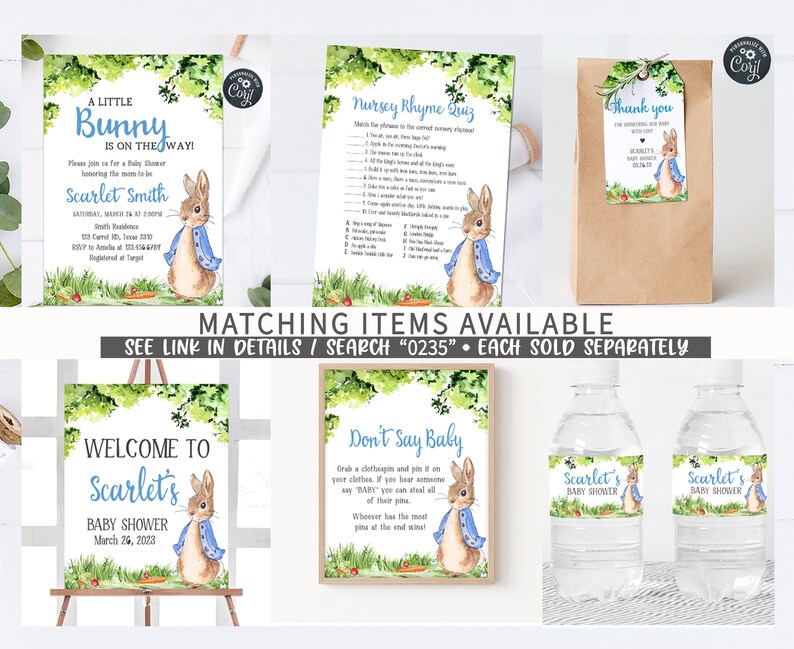 May include: A set of printable baby shower party decorations featuring a watercolor illustration of a bunny rabbit wearing a blue jacket. The set includes a welcome sign, a nursery rhyme quiz, a thank you tag, and water bottle labels. The text on the welcome sign reads "Welcome to Scarlet's Baby Shower March 26, 2023".