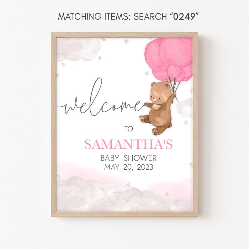 Editable Pink Balloon Bear Baby Shower Welcome Sign, We Can Bearly Wait Boho Baby Shower Welcome Poster, Brown Bear Girl Baby Shower, 0249 image 2