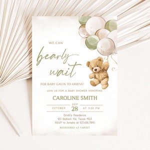 Editable Gender Neutral Bear Baby Shower Invitation Bundle, We Can Bearly Wait Baby Shower Invite Set, Green Balloon Bear Baby Shower, 0526 image 3