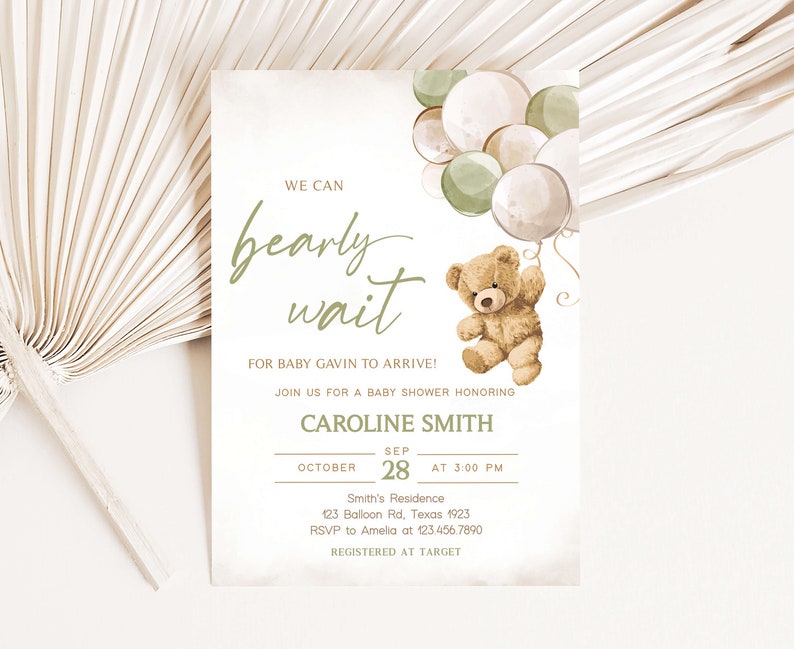 Editable Gender Neutral Bear Baby Shower Invitation Bundle, We Can Bearly Wait Baby Shower Invite Set, Green Balloon Bear Baby Shower, 0526 image 3