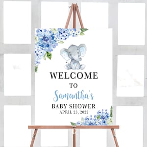 Elephant Baby Shower Welcome Sign, Blue Elephant Boy Baby Shower Welcome Sign, Blue Floral Baby Shower Party Decorations, Printable 0174