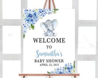 Welkomstbord babyshower olifant, welkomstbord babyshower blauwe olifant jongen, blauwe bloemen babyshower feestdecoratie, afdrukbaar 0174