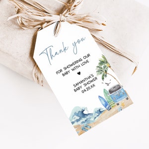 Bewerkbare baby aan boord bedankkaartje babyshower, surfstrand cadeaulabel babyshower, retro surfjongen zomerbord babyshower bedankkaartjes, 0709 afbeelding 3