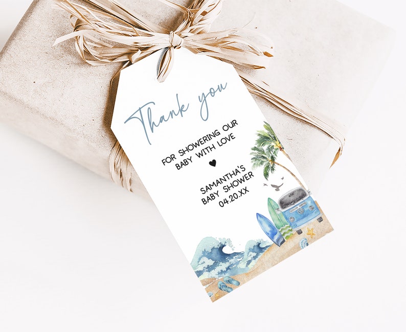 Bewerkbare baby aan boord bedankkaartje babyshower, surfstrand cadeaulabel babyshower, retro surfjongen zomerbord babyshower bedankkaartjes, 0709 afbeelding 3