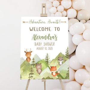 Aventura editable espera el letrero de bienvenida del baby shower, cartel de bienvenida del baby shower del bosque, plantilla de letrero de animales del bosque de la montaña del bosque 0399