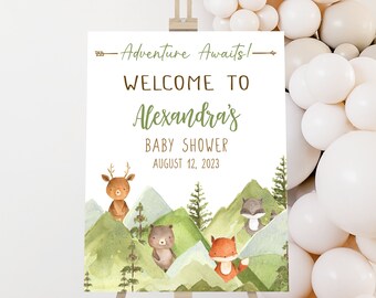 Bearbeitbares Abenteuer erwartet Babyparty-Willkommensschild, Wald-Babyparty-Willkommensplakat, Waldberg-Waldtierschild-Vorlage 0399