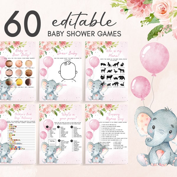 Editable Blush Pink Elephant Baby Shower Games Bundle Girl Baby Elephant Game Pack Pink Floral Baby Shower Activity Printable Template 0233