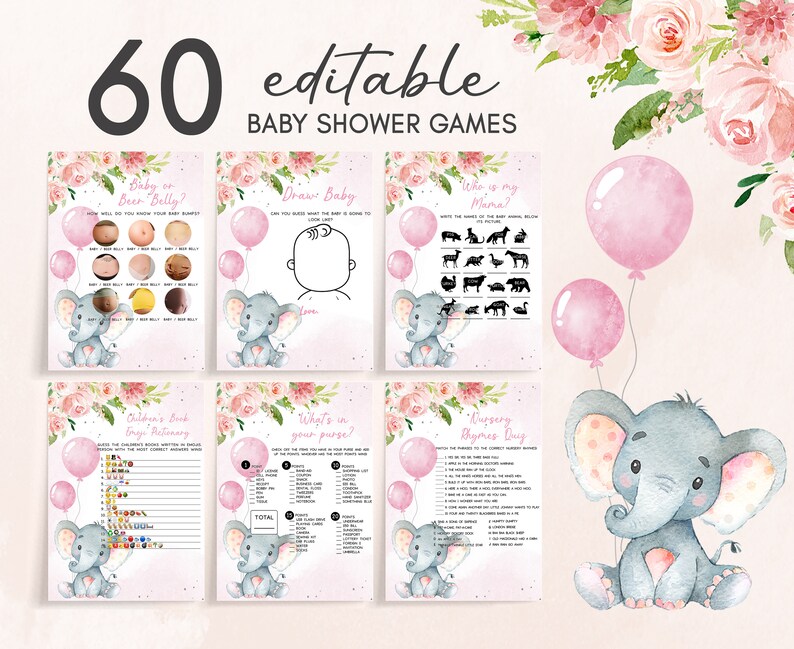 May include: A collection of 60 editable baby shower games with a watercolor elephant and floral design. The games include "Baby or Beer Belly?", "Draw Baby", and "Who is my Mama?" with pink balloons and text.