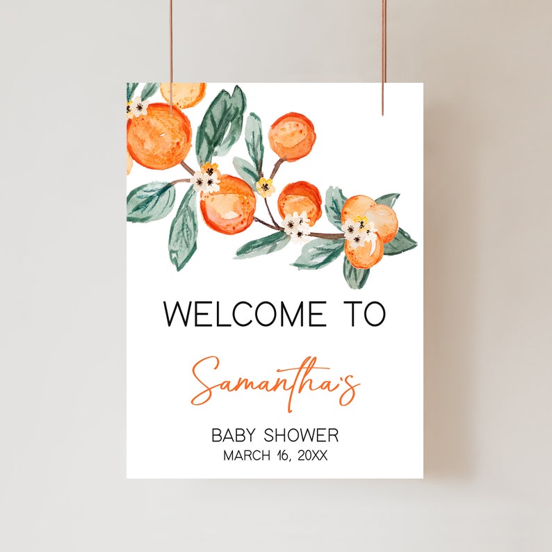 Editable A Little Cutie Baby Shower Welcome Sign, Greenery Orange Baby Shower Welcome Poster, Neutral Cutie on the Way Baby Shower Sign 0660 image 1
