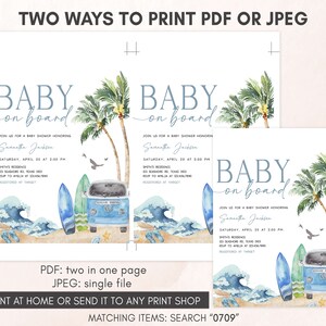 Bewerkbare baby aan boord van baby shower uitnodiging, Surf Beach baby shower uitnodiging, retro Surf Boy zomer baby shower uitnodiging sjabloon, 0709 afbeelding 3