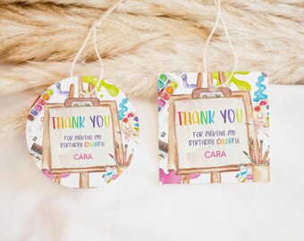 Editable Art Birthday Party Round Favor Tag, Painting Party Favor Tags, Rainbow Art Party Gift Tag, Kids Artist Birthday Thank You Tag, 34BD