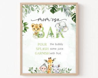 Mom Osa Bar Sign Safari Baby Shower, Jungle Baby Shower Momosa Sign, Tropical Boy Jungle Safari Wild Animals Mimosa Printable Template 0225