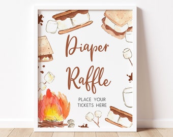 Diaper Raffle Sign Smore Baby Shower, Bonfire Camping Baby Shower Diaper Game Sign, Campfire Gender Neutral S'mores Baby Shower Signs, 0767