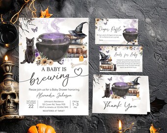 Paquete de invitaciones editables para baby shower de Halloween "Un bebé está gestando", invitación de bruja espeluznante, invitación morada para baby shower de Halloween, 01159