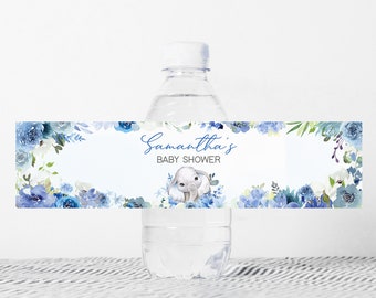 Editable Blue Elephant Baby Shower Bottle Label, Boy Baby Shower Water Labels, Blue Floral Elephant Decor, Baby Boy Printable Template 0226