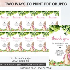May include: Ten printable thank you tags featuring a watercolor illustration of a bunny wearing a pink cape. The tags are for a baby shower and say "Thank you for showering our baby with love." The text also includes the name "Scarlet's Baby Shower" and the date "03.26.23".