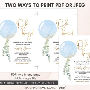 Editable Boy Blue Balloon Baby Shower Invitation, Balloon Oh Boy Baby Shower Invite, Boy Eucalyptus Greenery Baby Shower Invitation, 0610 image 3