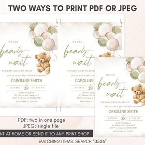 Editable Gender Neutral Bear Baby Shower Invitation Bundle, We Can Bearly Wait Baby Shower Invite Set, Green Balloon Bear Baby Shower, 0526 image 4