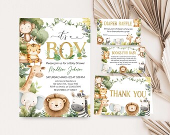 May include: A baby shower invitation with a jungle theme. The invitation features a gold "it's a boy" banner with green leaves and a variety of jungle animals, including a giraffe, zebra, lion, elephant, and monkey. The invitation includes the date, time, and location of the shower, as well as the name of the mother-to-be. There are also three cards for diaper raffle, books for baby, and thank you.