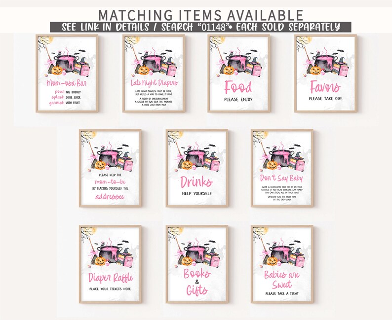 a collection of nine framed items, each with a different design and text, arranged in a grid pattern. The items appear to be related to Halloween or a similar theme, as indicated by the presence of pumpkins, bats, and other Halloween-related imagery. The text on the items is mostly decorative and does not provide specific information about the items themselves. The items are organized in a grid format, with three rows and three columns.