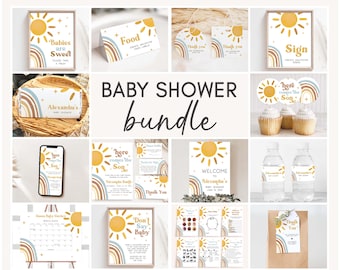 Modificabile Here Comes the Son Baby Shower Bundle, Sunshine Baby Shower Pack, Boy Retro Boho Sunshine Baby Shower Mega Bundle Template, 0385