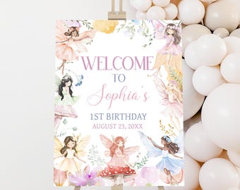 Editable Rainbow Fairy Birthday Welcome Sign, Floral Fairy First Birthday Sign, Magical Fairy Party Poster, Pastel Rainbow Fairy Sign, 99BD