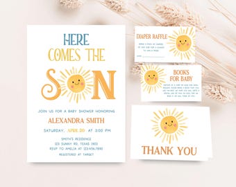 Bewerkbare Here Comes the Son babyshower uitnodigingsbundel, retro Boho Sunshine babyshower uitnodigingsset, Here Comes the Sun-uitnodiging, 01053