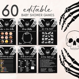 Editable Halloween Baby Shower Games Bundle, Black Gothic Baby Shower Game Pack, A Little Boo Skull Baby Shower Game Printable Template 0430