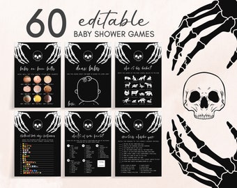 Editable Halloween Baby Shower Games Bundle, Black Gothic Baby Shower Game Pack, A Little Boo Skull Baby Shower Game Printable Template 0430