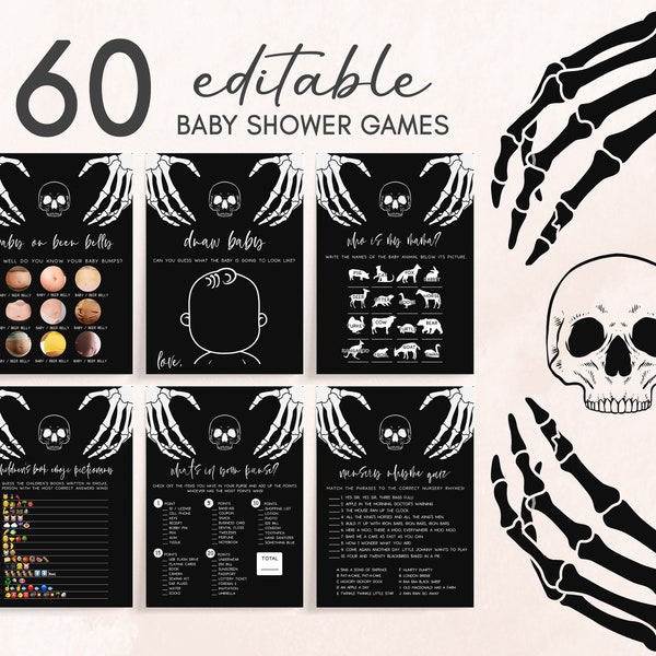 Editable Halloween Baby Shower Games Bundle, Black Gothic Baby Shower Game Pack, A Little Boo Skull Baby Shower Game Printable Template 0430